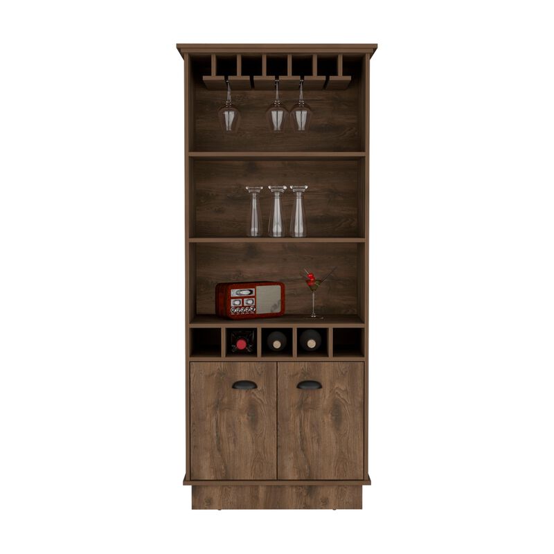 DEPOT E-SHOP Elon Bar Cabinet with Wine Rack  70"H, Upper Glass Cabinet, three Open Storage Shelves and One Cabinet,Dark Brown