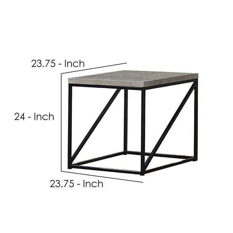 Industrial Style Minimal End Table With Wooden Top And Metallic Base, Gray-Benzara