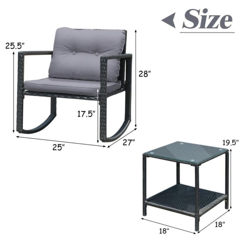 Hivvago 3 Pieces Cushioned Patio Rattan Set with Rocking Chair and Table
