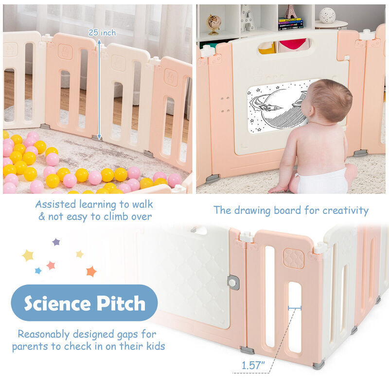 16 Panels Baby Safety Playpen with Drawing Board - Pink