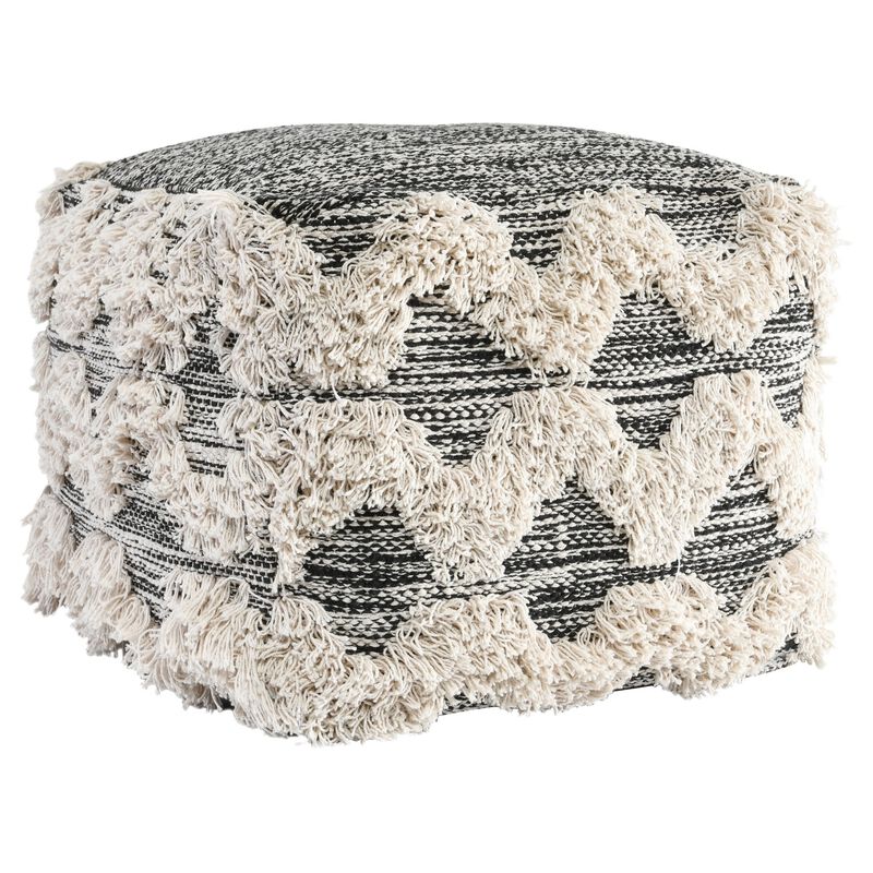 18 Inch Square Cube Accent Pouf, Zig Zag Shag Woven Pattern, Black, White-Benzara