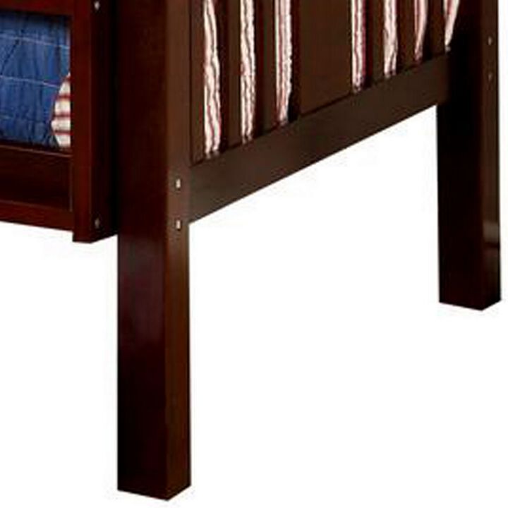 Slatted Twin Over Twin Bunk Bed with Attached Ladder, Espresso Brown-Benzara