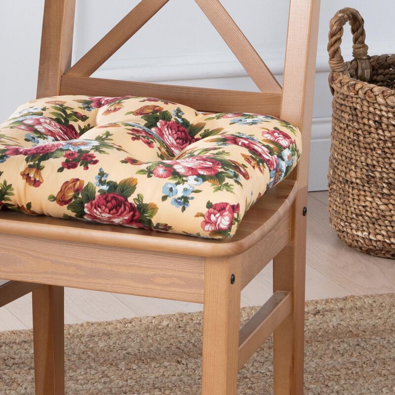 Ellis Bella Rose Stylish Medium Scale Printed Floral Pattern Non-Skid Chair Pad 18"x18" Butter
