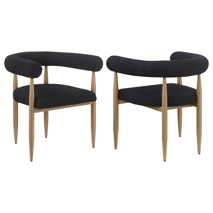 Noris Dining Chair Set of 2, C Shaped Back, Gold Bronze, Black Fabric - Benzara