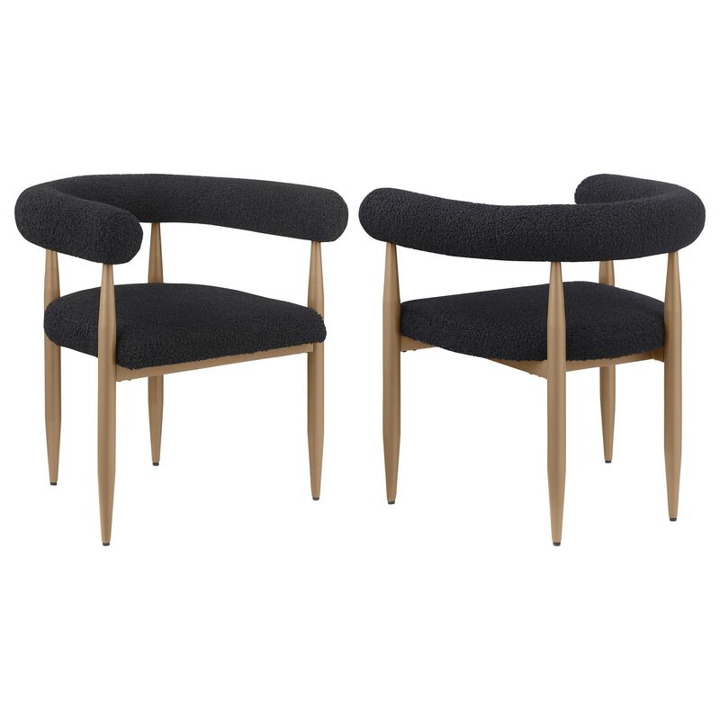 Noris Dining Chair Set of 2, C Shaped Back, Gold Bronze, Black Fabric - Benzara