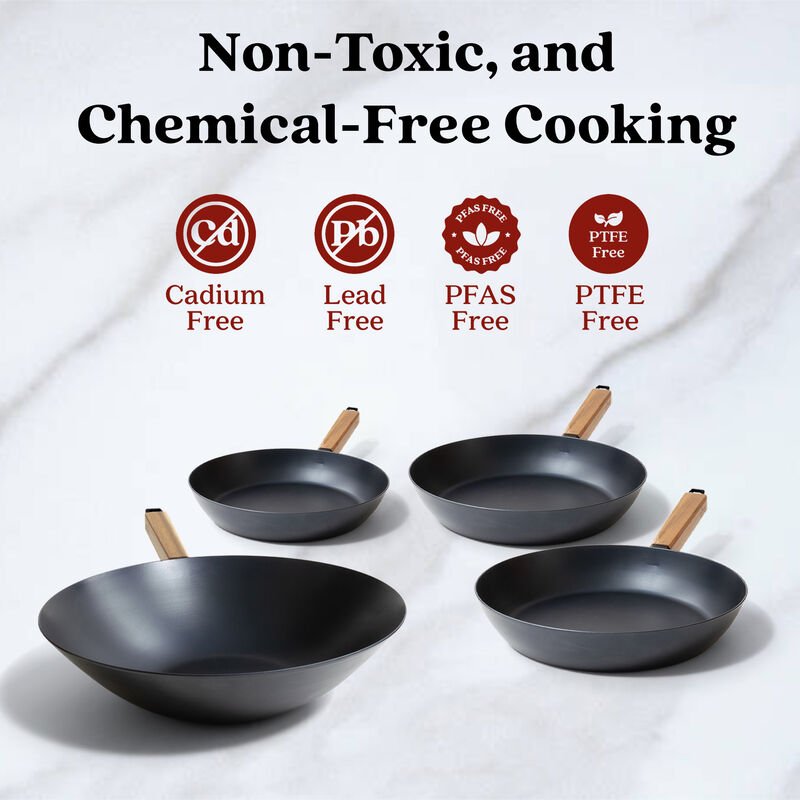 Alva Forest 4-Piece Professional Carbon Steel Cookware Set - Pre-Seasoned Non-Toxic Frying Pans & Wok - Chemical-Free, Traditional Cooking Surface - All Stovetop Compatible & Fast-Heating