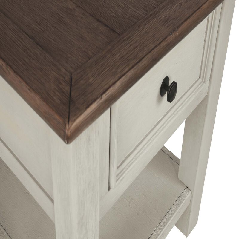 Chair Side End Table with 1 Cabinet and Pull Out Tray, White and Brown-Benzara