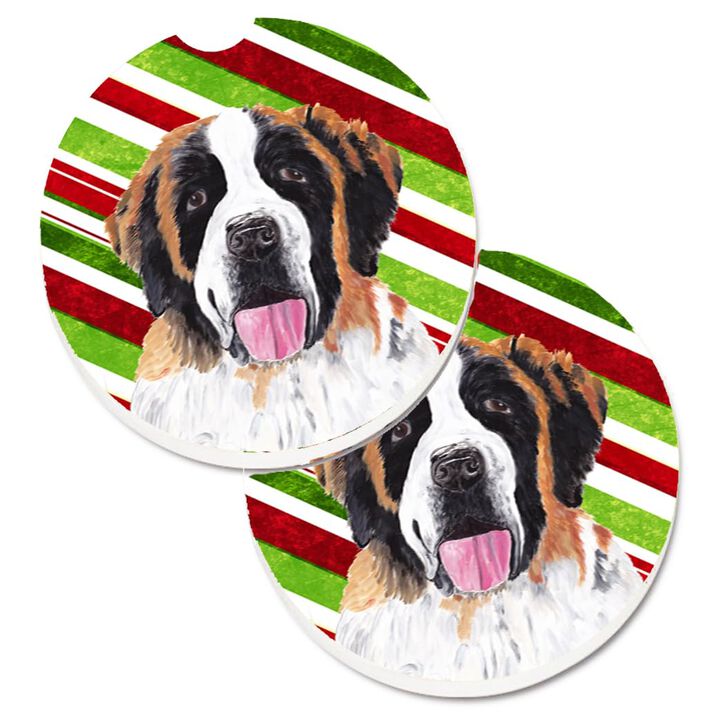 Caroline's Treasures Saint Bernard Candy Cane Holiday Christmas Set of 2 Cup Holder Car Coasters SC9342CARC, 2.56, Multicolor
