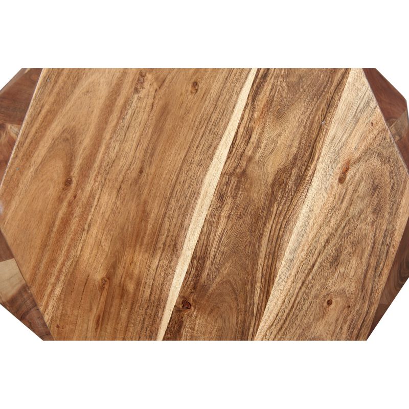 Bon 22 Inch Artisanal End Side Table, Multifaceted Solid Acacia Wood, Octagon Top, Natural Brown-Benzara