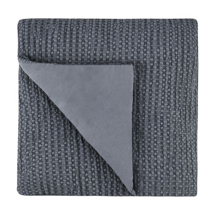 Cae King Size Quilt, Marina Blue Cotton Extra Soft Belgian Flax Linen - Benzara