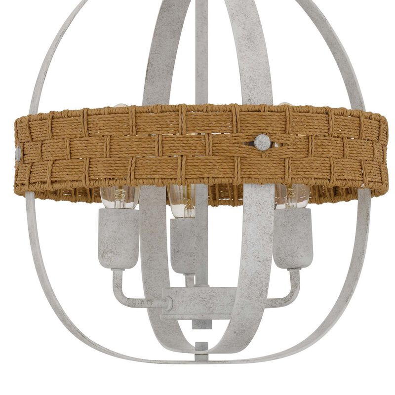 Baty Chandelier, 3 Light Rustic Rattan, Round White Metal 18 Inch - Benzara