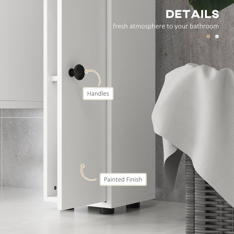 71" White Bathroom Storage: Narrow, Open Shelves, 2-Door Cabinets