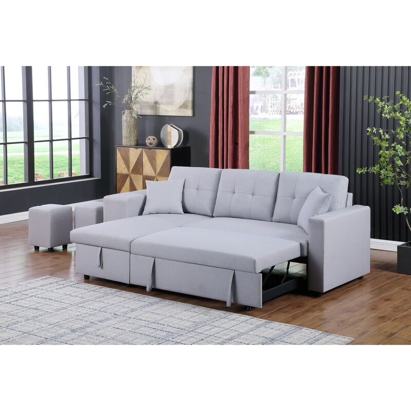 Dennis Light Gray Linen Fabric Reversible Sleeper Sectional With Storage Chaise And 2 Stools