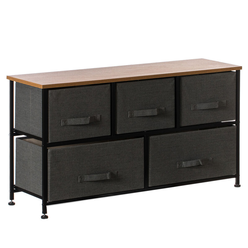 Charcoal Five Fabric Storage Drawer Unit, Wooden Top Dresser Tower, 2 Sizes Bins, Gray, 5 Drawers