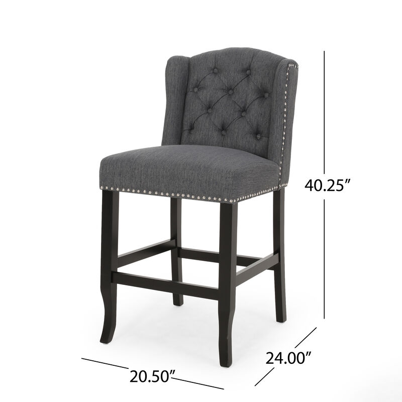 Seliva Counter Stool Chair Set of 2, Charcoal Gray, Tufted Back, Brown Wood - Benzara