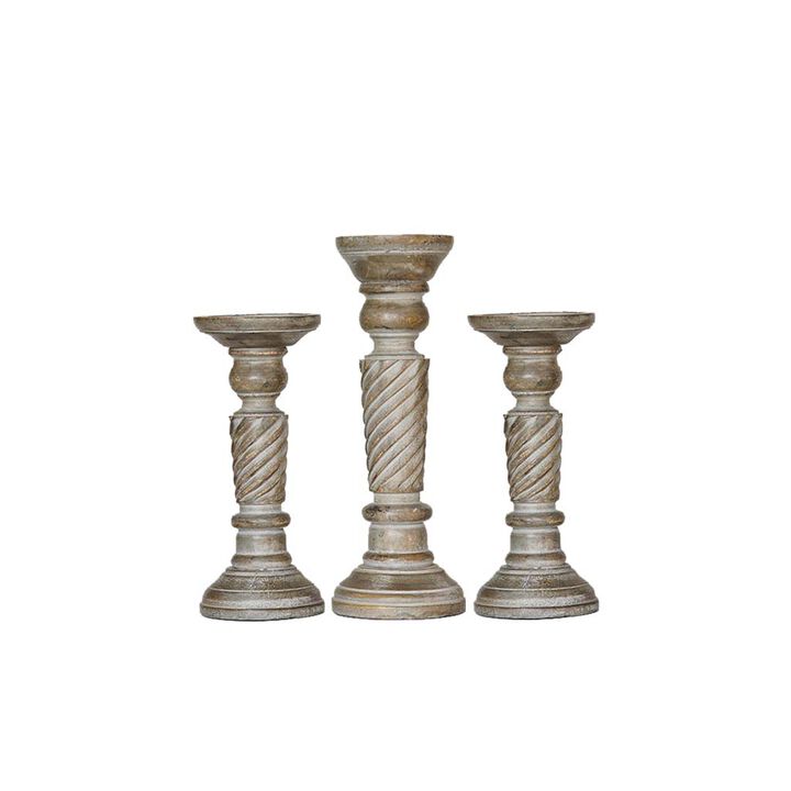 BBH Homes Traditional Gray Wash Eco-friendly Handmade Mango Wood Set Of Three 9",12" & 9" Pillar Candle Holder