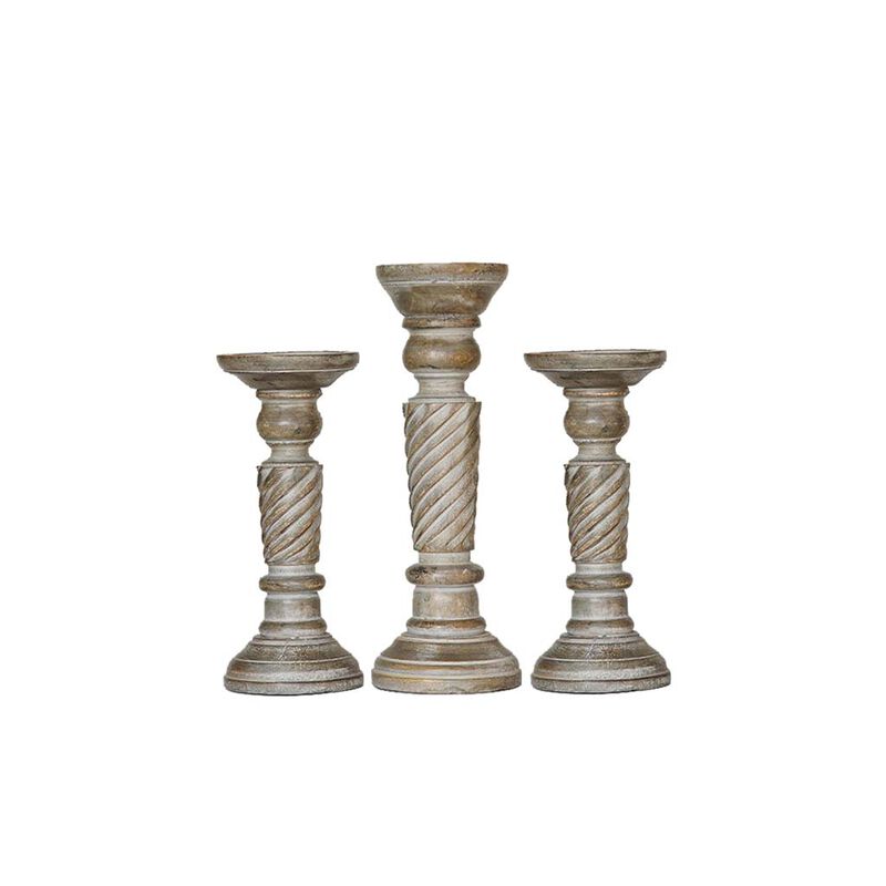 BBH Homes Traditional Gray Wash Eco-friendly Handmade Mango Wood Set Of Three 9",12" & 9" Pillar Candle Holder