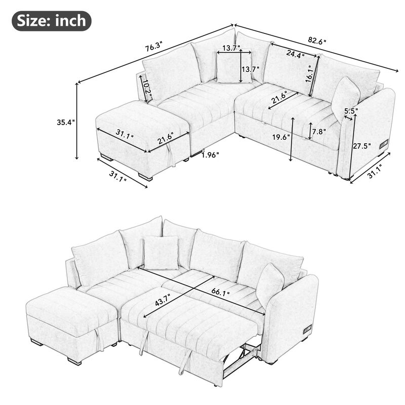 Merax L-shaped Sectional Pull Out Sofa Bed Sleeper Sofa with 2 USB Ports