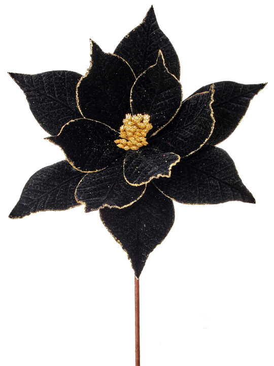 22" Black Velvet Poinsettia Stem with Gold Trim (3PCS) - Luxurious Christmas Floral Decoration