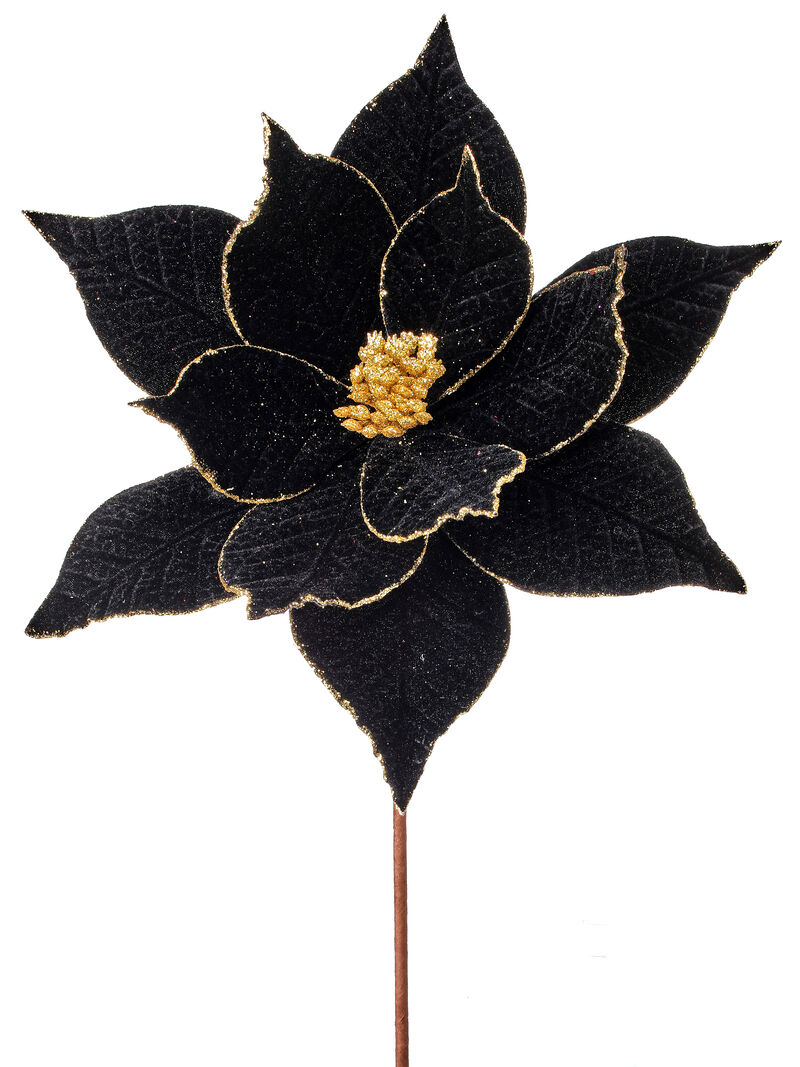 22" Black Velvet Poinsettia Stem with Gold Trim (3PCS) - Luxurious Christmas Floral Decoration