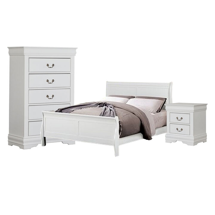 Ry Three Piece Full Size Bedroom Set, Sleek Modern Transitional Style, White - Benzara