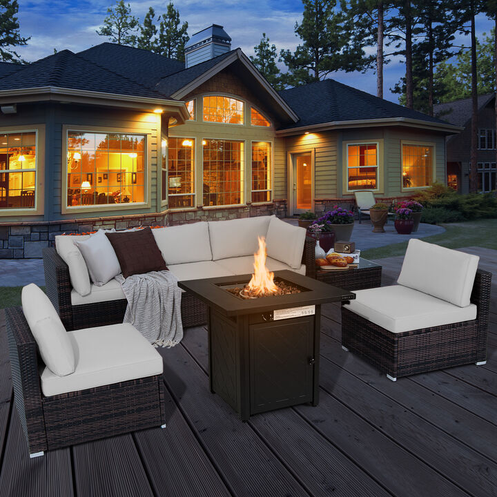 7 Pieces Patio Furniture Set with 28 Inches 50000 BTU Propane Gas Fire Pit Table