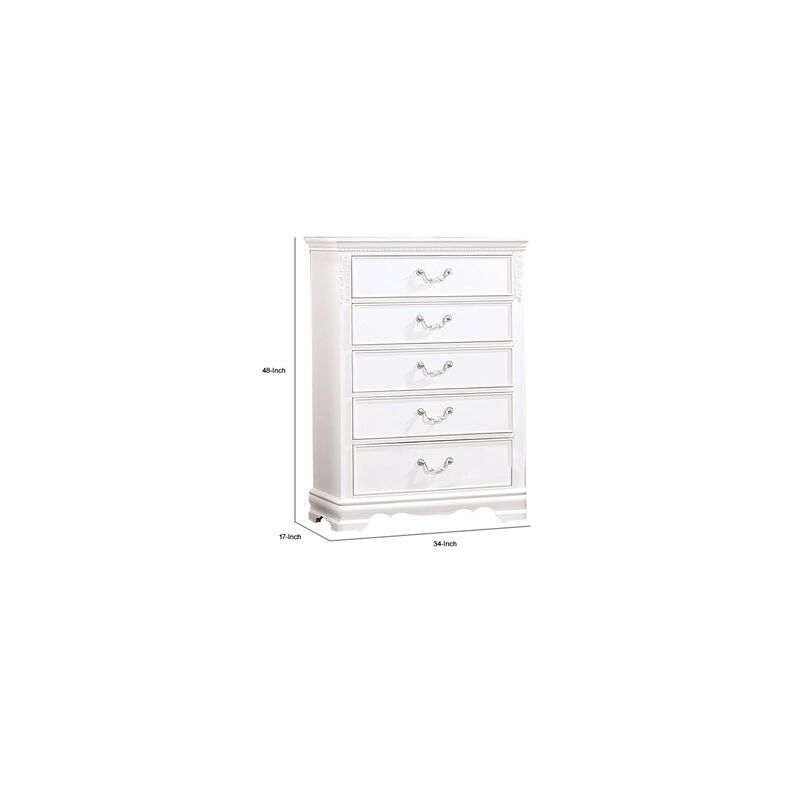 Benjara Aleci 48 Inch Tall Dresser Chest, 5 Drawers, Wood Carved, White and Nickel