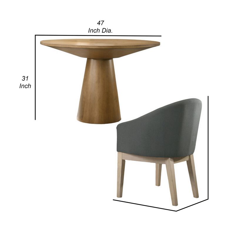 Yuvi 3 Piece Dining Table and Chair Set, Round, Barrel Chair, Brown, Gray - Benzara