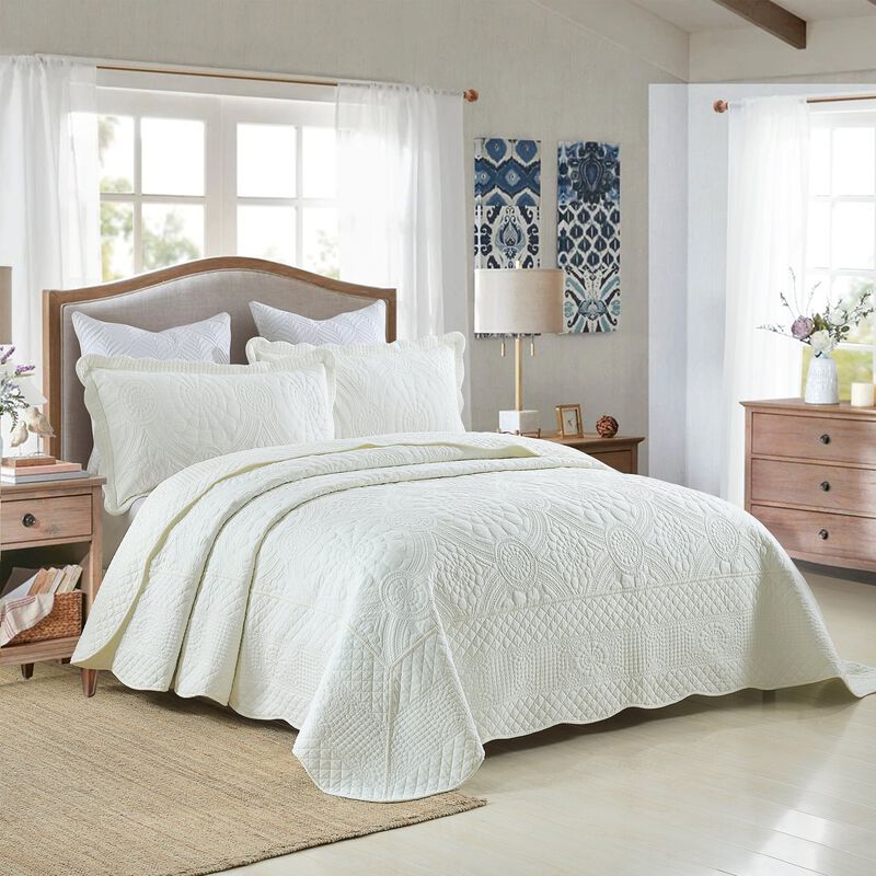 MarCielo 3 PCS 100% Cotton Oversized Bedspread Quilt Set Embroidery TF