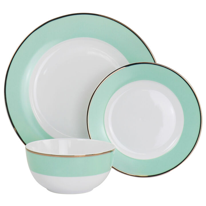 Martha Stewart Gold Rimmed 12 Piece Fine Ceramic Dinnerware Set in Mint