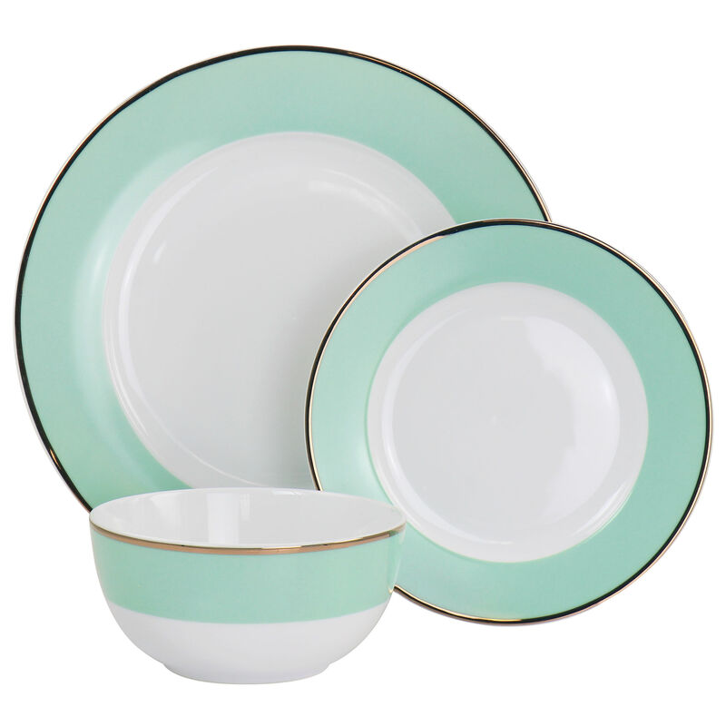 Martha Stewart Gold Rimmed 12 Piece Fine Ceramic Dinnerware Set in Mint