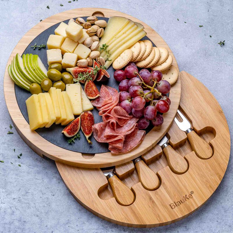Round Bamboo Cheese Board with Knife Set and Removable Slate - 12 inch Swiveling Charcuterie Board