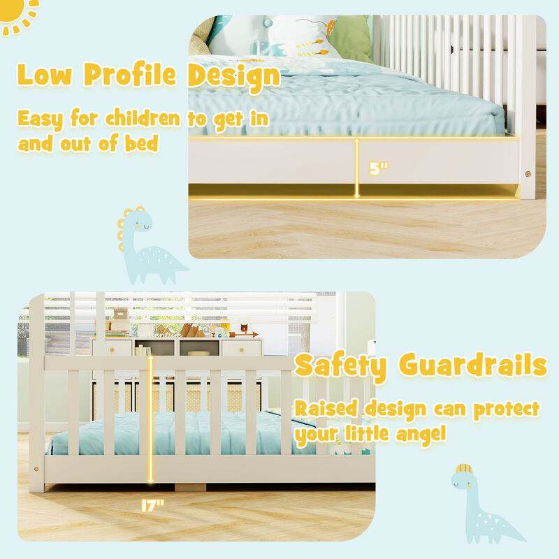 Double Floor Bed for Twins House Beds with Safety Guardrails for 2 Kids
