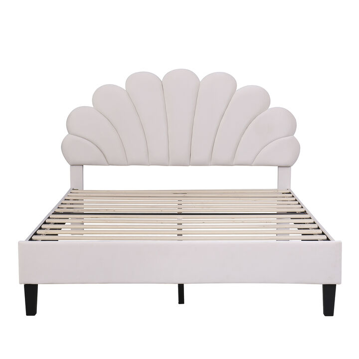 Merax Upholstered Platform Bed with Flower Pattern Velvet Headboard