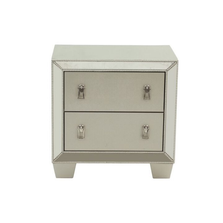 Dem 26 Inch Nightstand with 2 Drawers, Platinum Trim, Silver Wood Finish - Benzara