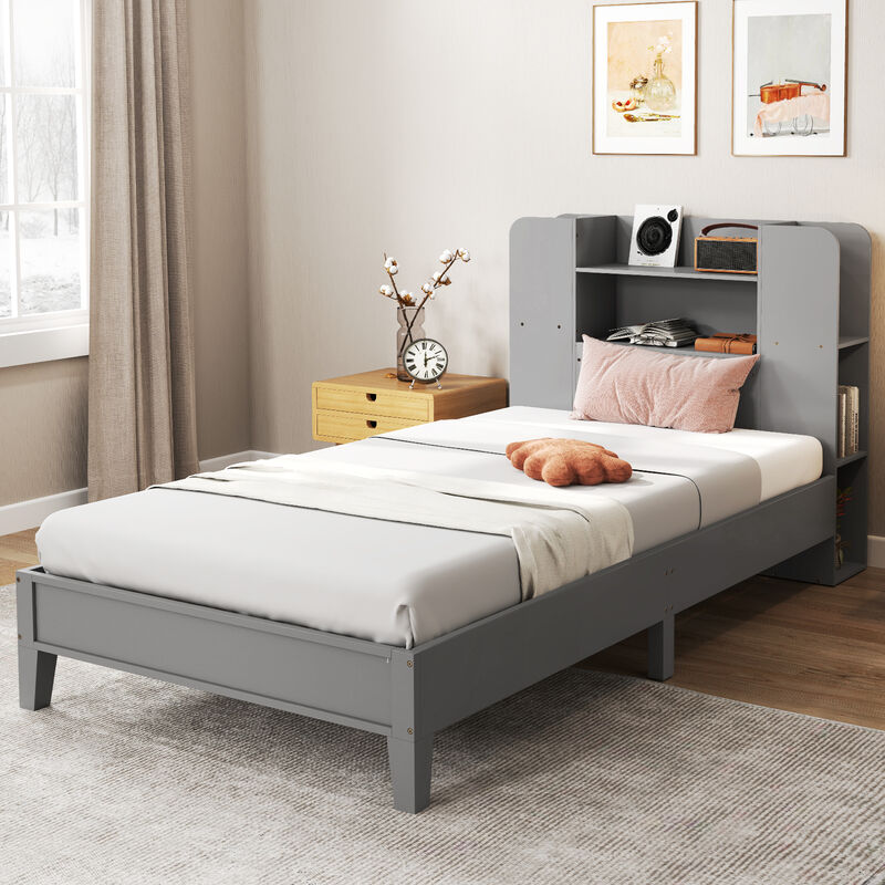 Wooden Platform Bed Frame with Bookcase Headboard