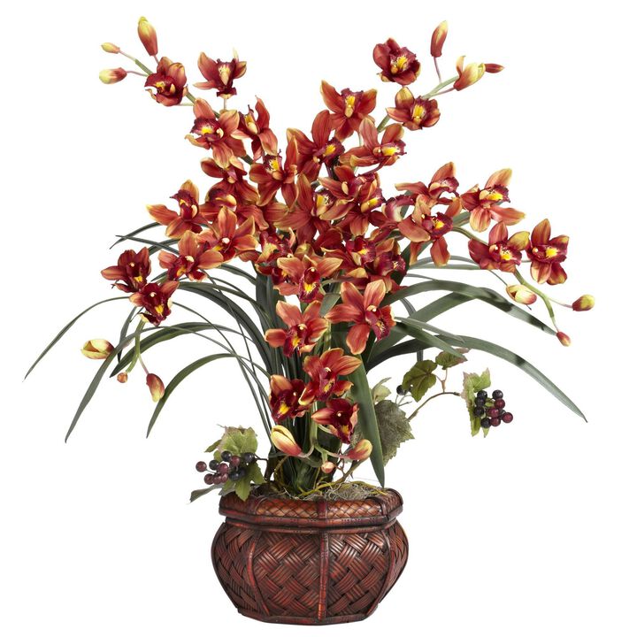 Nearly Natural 30-in Cymbidium w/Decorative Vase Burgundy