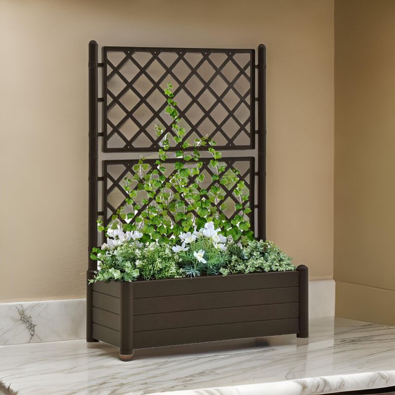 Garden Planter Flower Box with Trellis, Mocha Brown Plastic, Drainer - Benzara