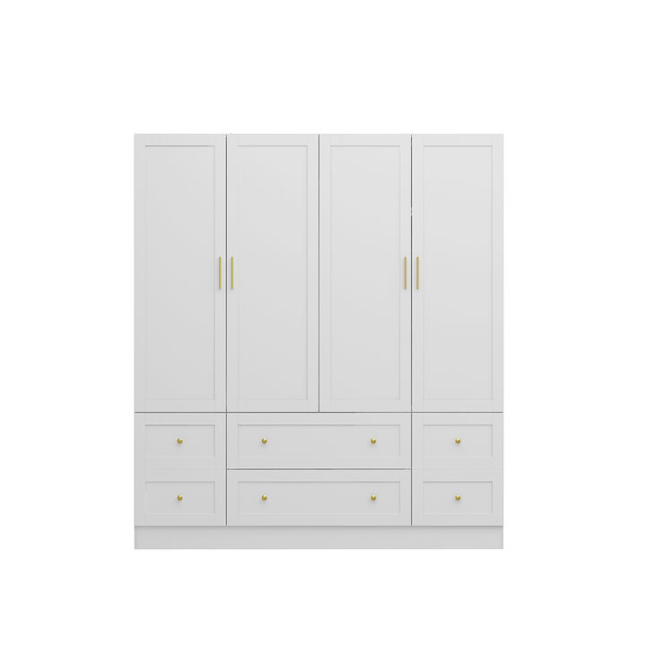 FUFU&GAGA Four-Door Wardrobe with Six Drawers and Adjustable Shelves (63" W x 19.7" D x 70.9" H),White