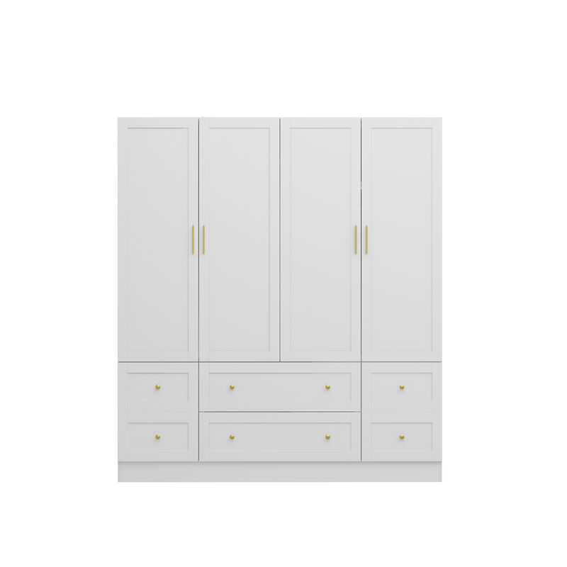 FUFU&GAGA Four-Door Wardrobe with Six Drawers and Adjustable Shelves (63" W x 19.7" D x 70.9" H),White