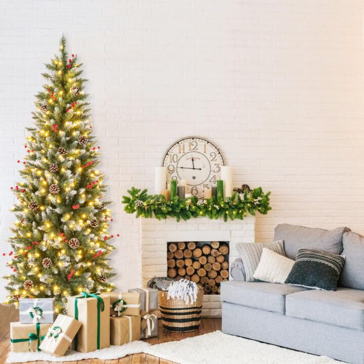 Hivvago Pre-lit Artificial Pencil Christmas Tree with Pine Cones and Red Berries