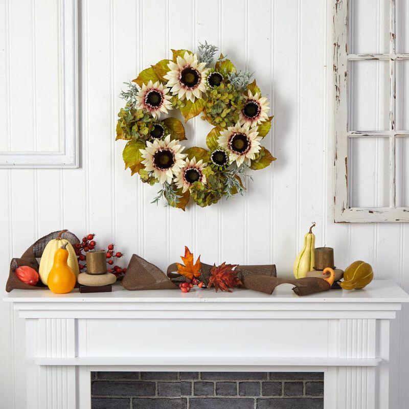Hivvago 24" White Sunflower and Hydrangea Artificial Autumn Wreath