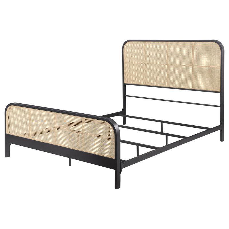 Lanie Queen Bed with Brown Open Cane Webbing Faux Rattan, Black Metal  - Benzara