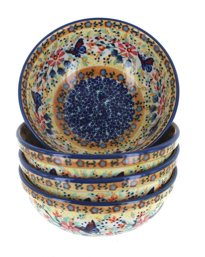 Blue Rose Polish Pottery Vintage Blue Daisy 4 PC Dessert Bowl Set