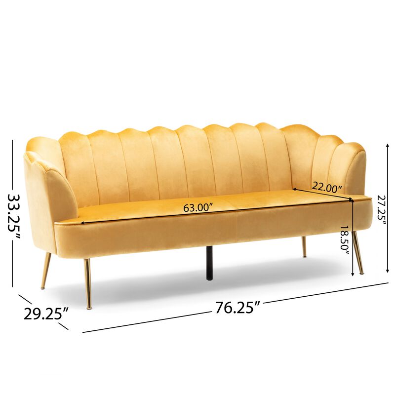 Nika Sofa, Modern Channel Stitched, 76 Inch, Solid Wood, Yellow Velvet - Benzara
