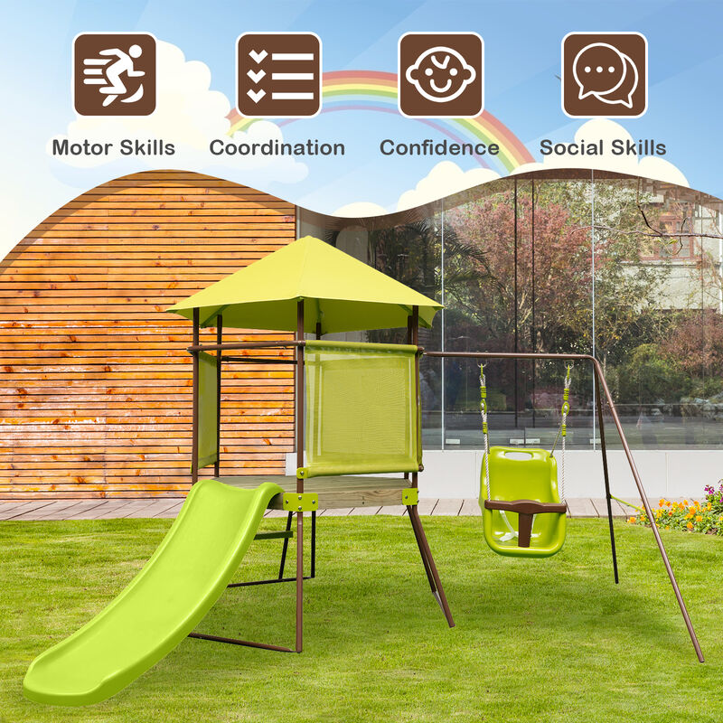 4-in-1 Swing Set with Covered Playhouse Fort and Height Adjustable Baby Seat
