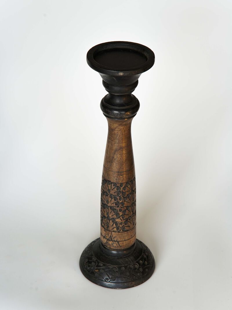 Traditional Black Wash Eco-friendly Handmade Mango Wood Set Of One 15" Pillar Candle Holder