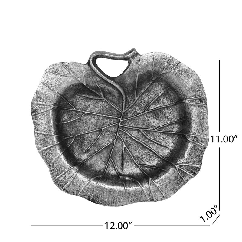Decorative Leaf Plate, 12 Inch Textured Floral, Dark Gray Aluminium - Benzara