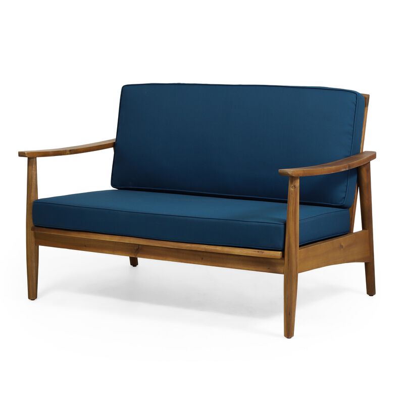 2pc Outdoor Loveseat and Table Set, Teal Cushions, Brown Wood Frame - Benzara