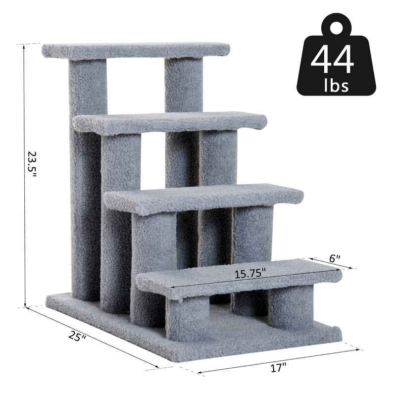 Gray Feline Climber: 25" 4-Step Carpeted Cat Stairs with Toy